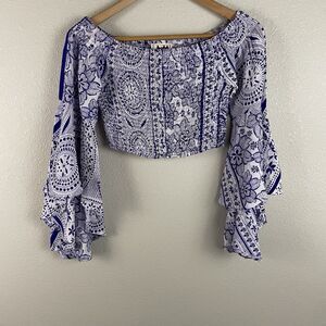 Jaase Womens L Smocked Boho Off Shoulder Crop Top Butterfly Bell Sleeves Floral